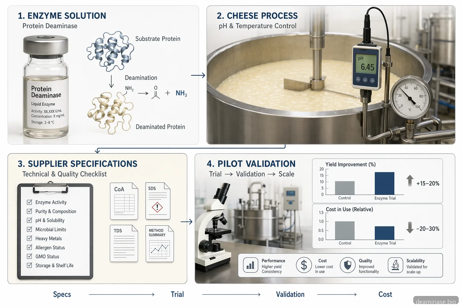 Guide fournisseur de deaminase enzyme pour le fromage, infographie sur essais, spécifications, validation et coût d’usage