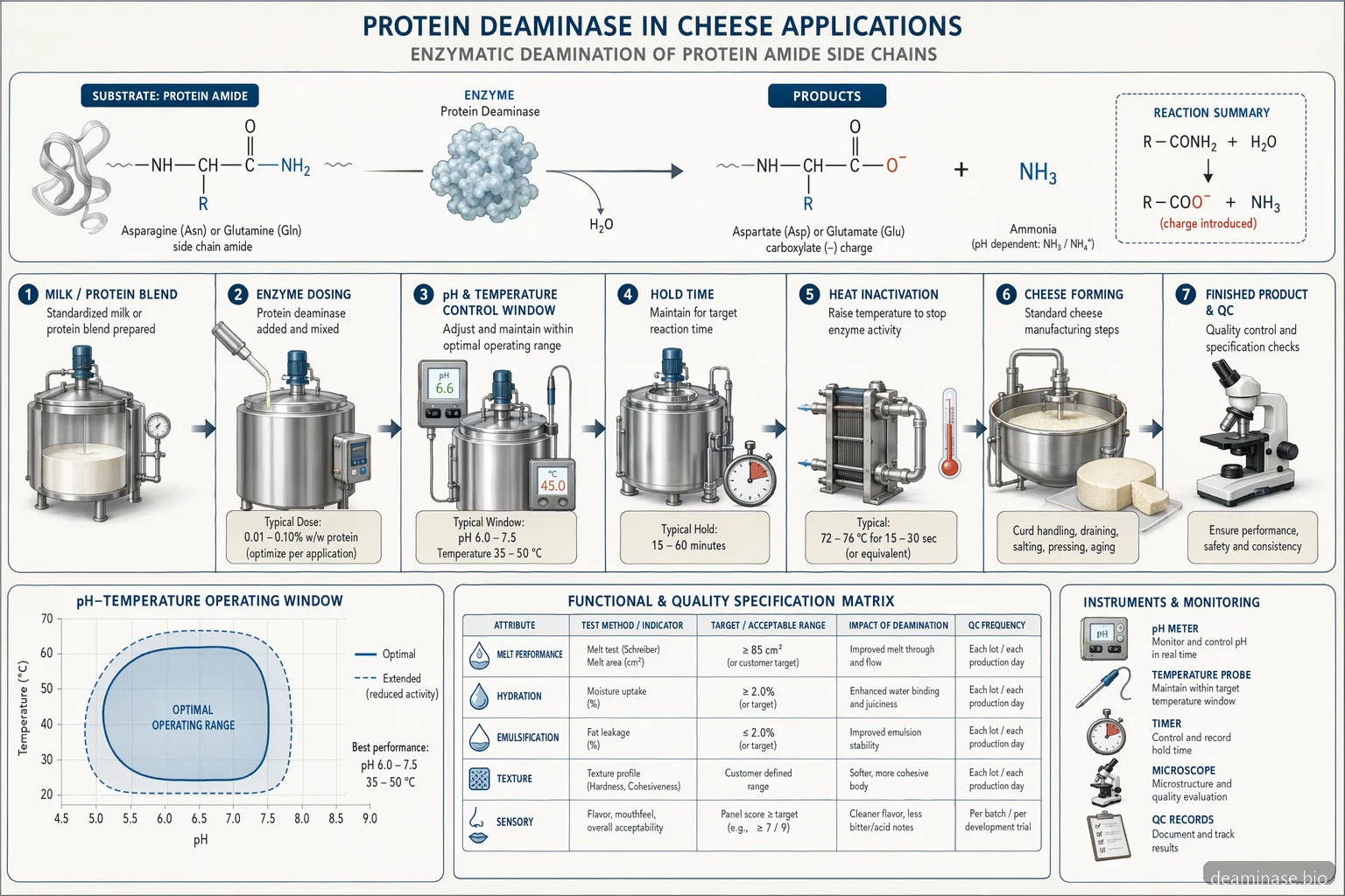 industrial deaminase enzyme cheese proceso gido schema, rodanti pH, temperatūrą, reakcijos eigą ir produkto bandymus