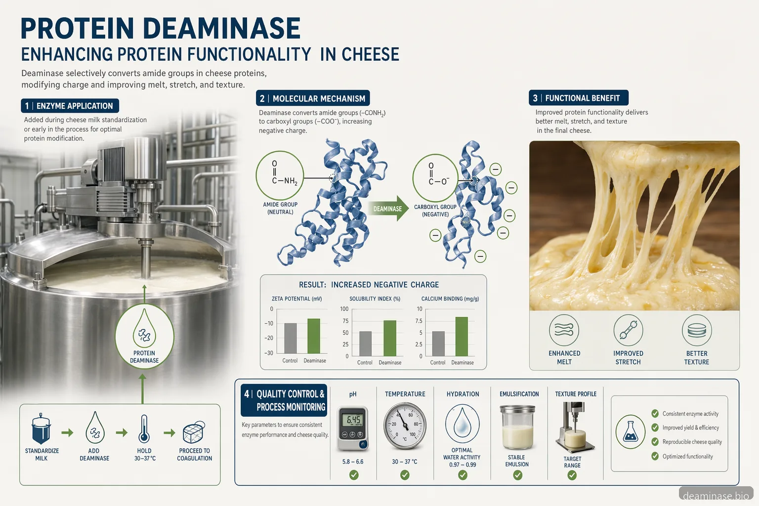 industrial deaminase enzyme cheese proceso gidas, infografikas su hidratacija, lydymu, emulsifikacija ir QC patikromis