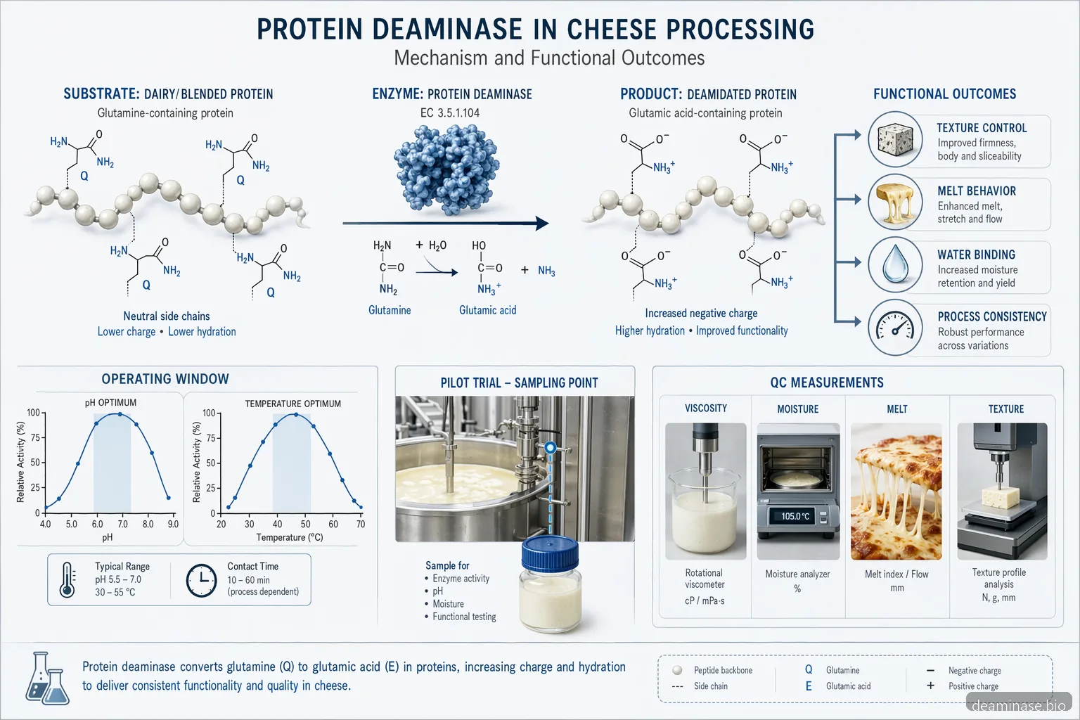Industrial protein deaminase cheese processing diagram mapping deamidation, pH, temperature and protein functionality