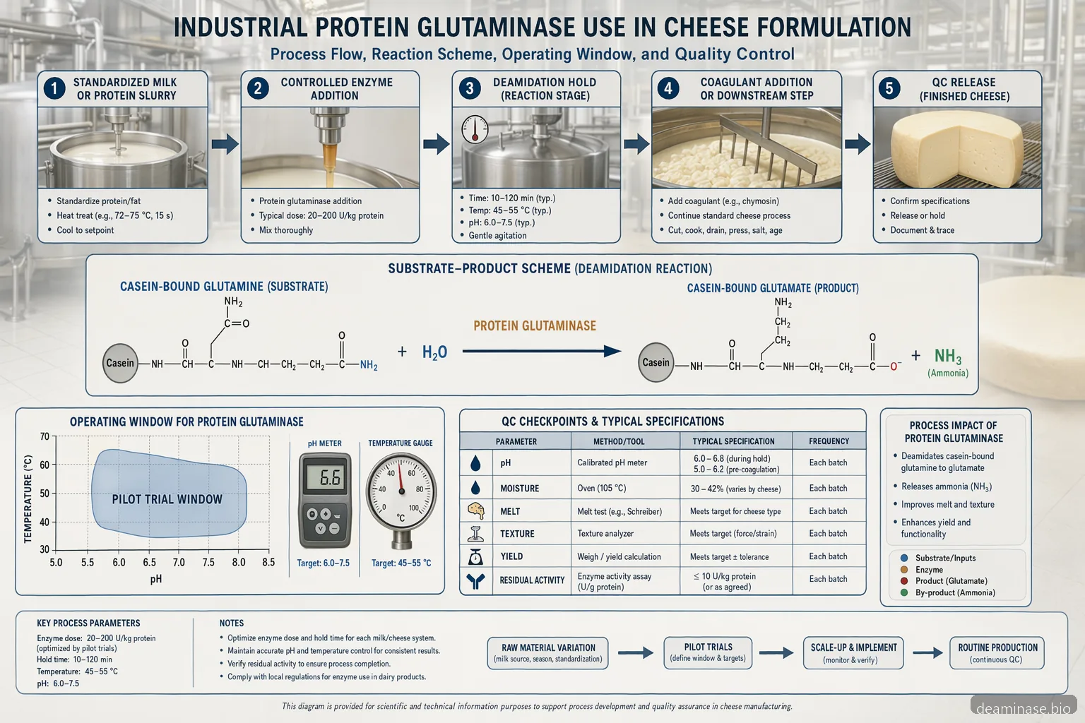 industrieller protein glutaminase Käseleitfaden: Diagramm mit Deamidierungsreaktion, pH-Temperatur-Fenster und QC-Flow