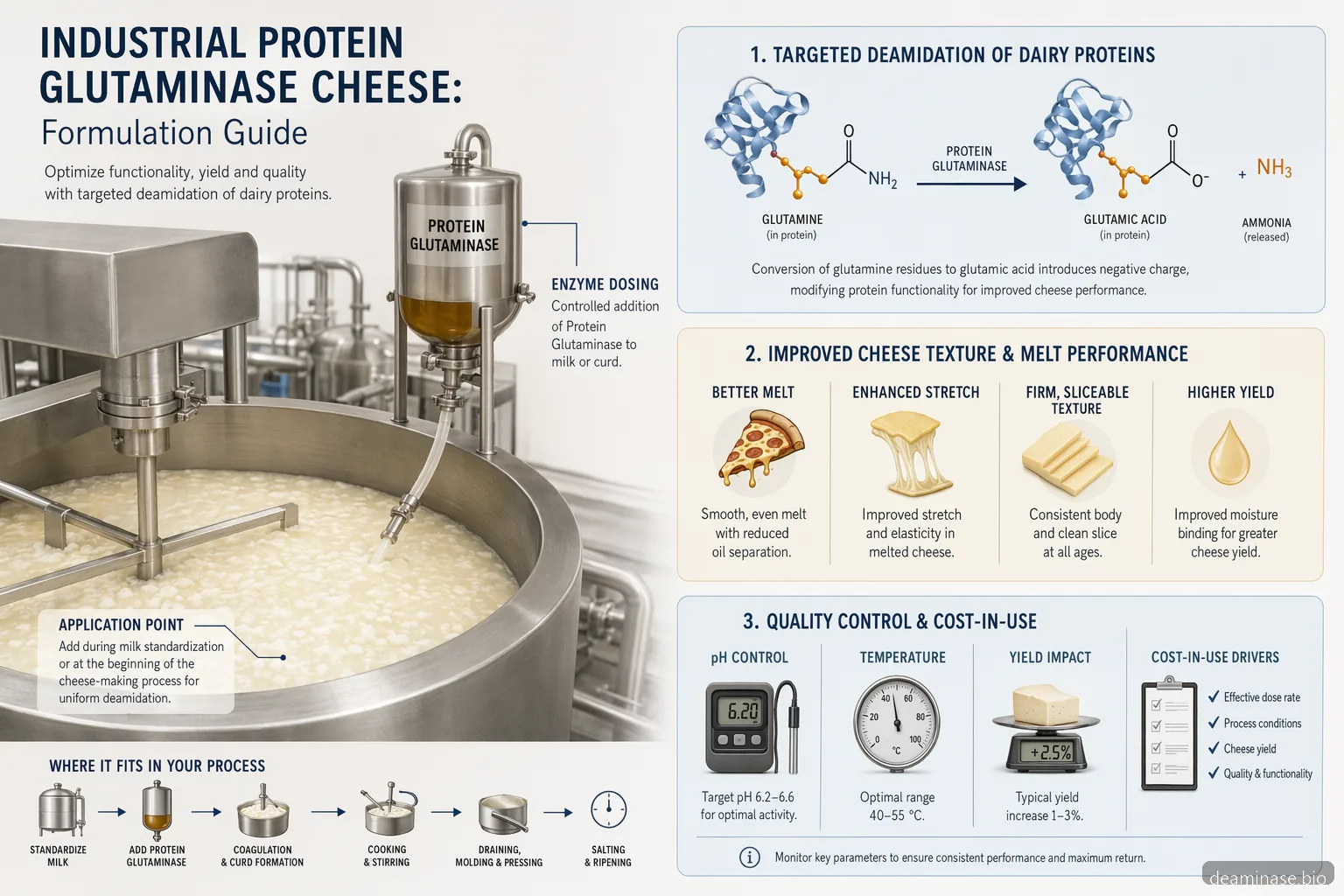 industrieller protein glutaminase Käseleitfaden: Infografik mit Enzymdosierung, QC-Prüfungen und Kosten pro Einsatz