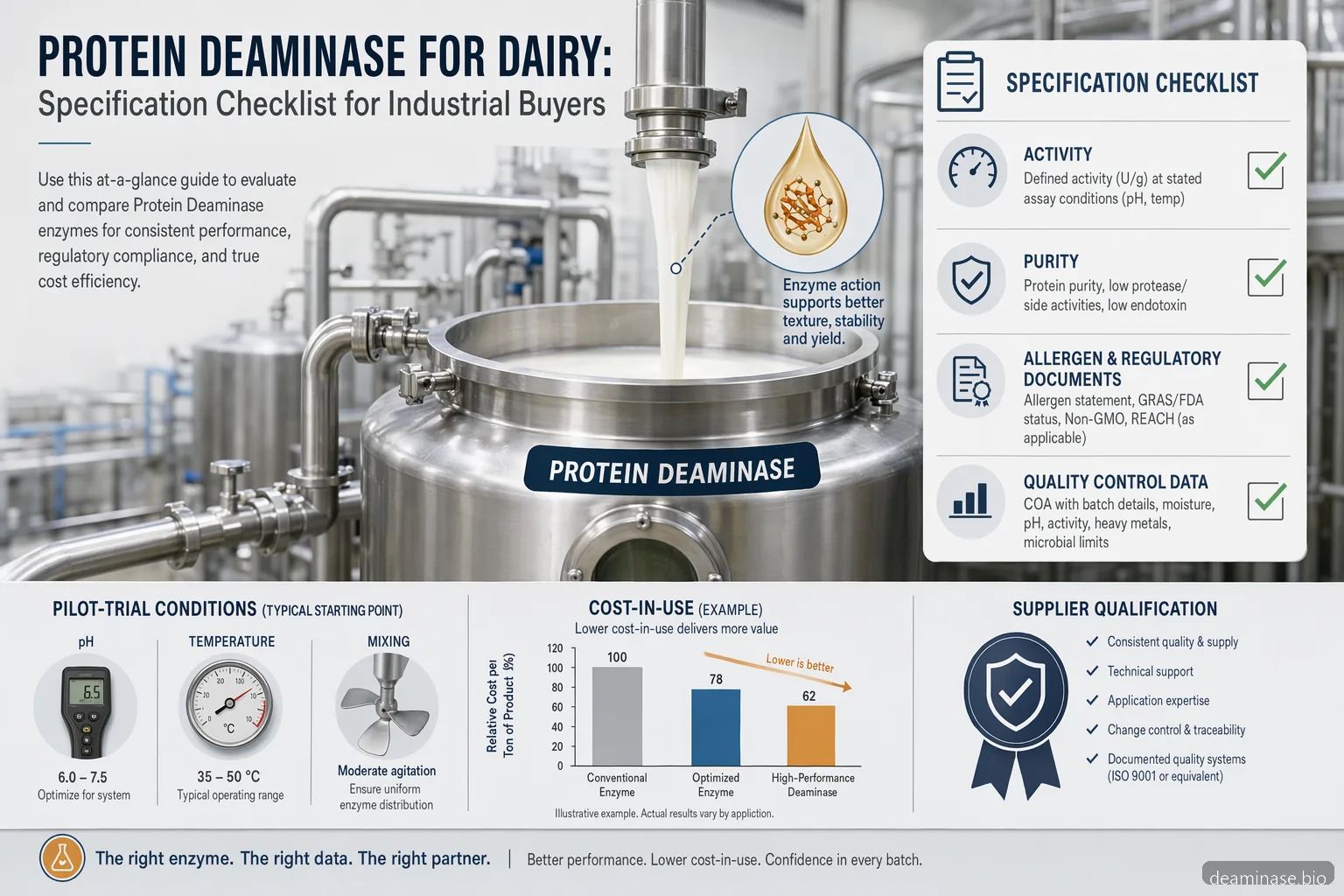 قائمة مواصفات protein deaminase for dairy مع QC من المورد وملاءمة العملية وبيانات التجربة ومؤشرات التكلفة