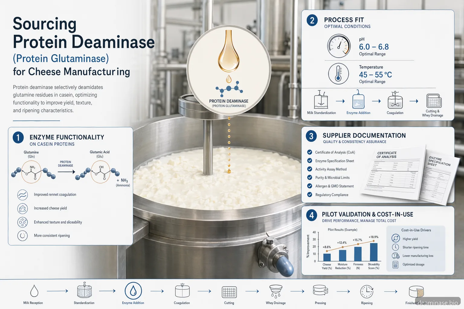 protein deaminase supplier for cheese sourcing guide with enzyme, cheese vat, documents, pilot trial, and cost icons