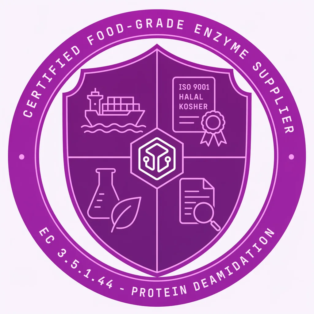 Protein-Glutaminase (Protein Deaminase) quality &amp; certifications badge — ISO 9001, HALAL, KOSHER, Food Grade